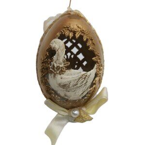 Vintage Gold Tone Plastic Egg Shaped Ornament Swan "Seasons Greetings " 4" Read
